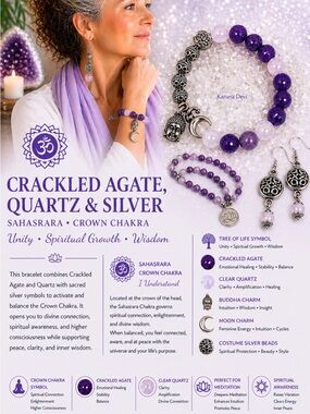 Sahasrara, 7th Crown Chakra Bracelet, Genuine Quartz & Agate Crackle